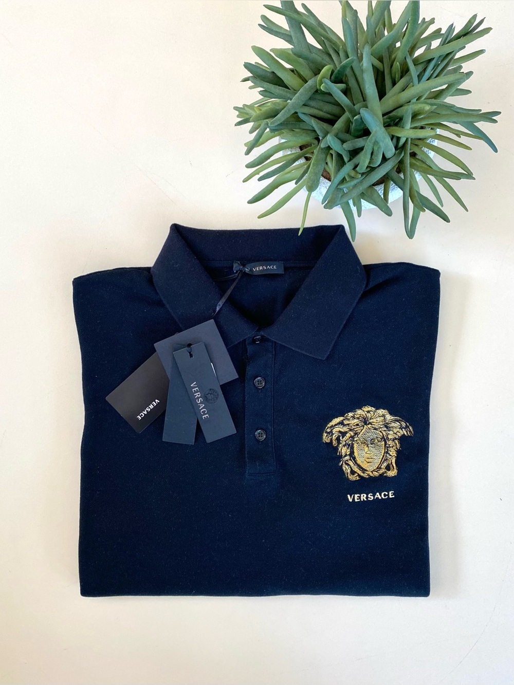 VERSACE - Black Polo with Embroidered Gold Medusa Logo